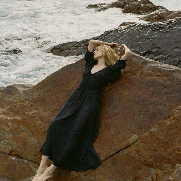 Doen Dresses & Skirts - Doen Ischia Maxi Dress Smocked Puff Sleeve Solid Ruffle Badydoll Navy S 275610